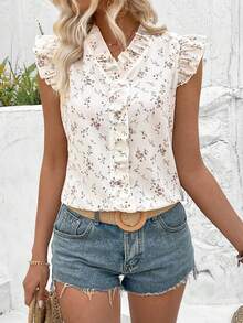 SHEIN LUNE 女士极简印花短袖衬衫 - 白色 - 查看 5