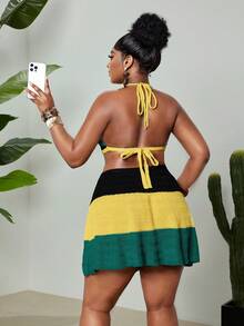 Maweii Women's Plus Size 2 Pieces Summer Sets,Boho Yellow Vacation Holiday Deep V Halter Backless Crop Top And Tie Waist Mini Skirt,Jamaican Sweater Set - Multicolor - View 3