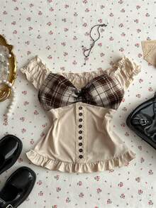 Glimmora 女士格子印花纽扣荷叶边下摆优雅衬衫 - 杏色 - 查看 6