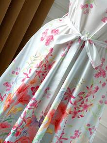 DreamSkyne Plus Size Women Floral Print Twist Ruched Waist Elegant Cami Dress, Suitable For Dates And Parties - Multicolor - View 7