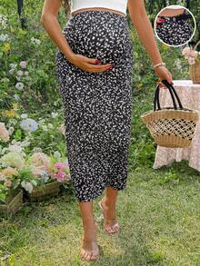 SHEIN Maternity Fitted Floral Print Skirt, Elegant Business Casual Fashionable For Summer - Black - View 3