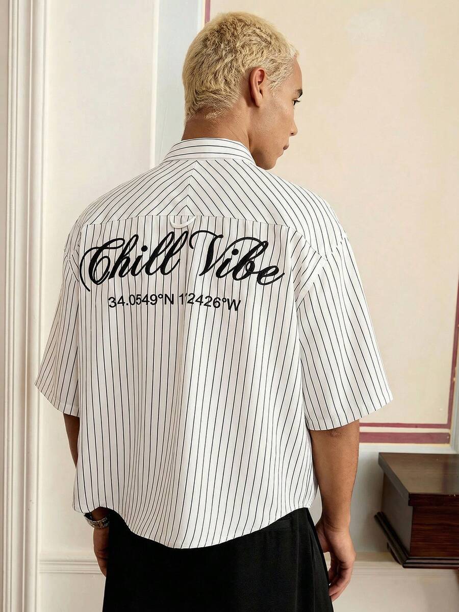SWAVVY Standard Size Men's Casual Blue & White Striped Short Sleeve Loose Fit Shirt With Floral English Text Embroidery - White - View 1