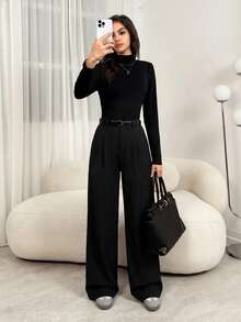 SHEIN Tall Trang phục giáo viên nữ: Quần tây xếp ly màu xám thanh lịch có túi, quần tây thu đông màu xám, quần cạp cao, quần ống rộng, quần dáng suông, quần màu xám công sở, quần ống rộng cho nữ, quần áo mùa thu đông cho nữ, quần áo đi chơi cho nữ. - màu đen - Xem 7