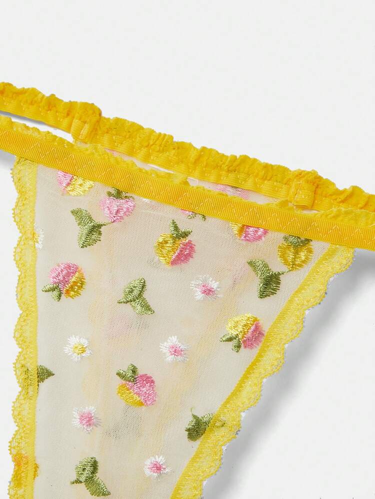 Conjunto de Lingerie com Sutiã Armado Bordado com Flores Amarelas e Tanga Combinando, Estilo Romântico e Fofo, Inspirado na Primavera e no Estilo Parisiense Francês