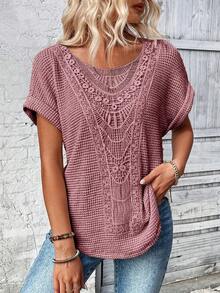 EMERY ROSE Camiseta de cuello redondo de manga corta de unicolor y textura para mujer - Morado - Ver 6