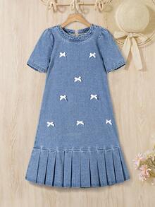 Girls' Lace Patchwork Denim Dress, Children's Summer Dress, New Fashion Loose A-Line Dress For Tween Girls - Light Wash - View 3