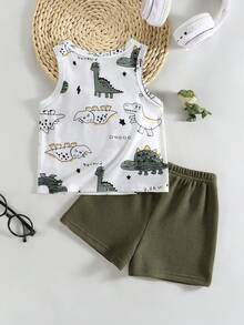SHEIN 2件套婴儿/男婴休闲可爱恐龙印花背心和短裤套装，春夏装 - 軍綠色 - 查看 2