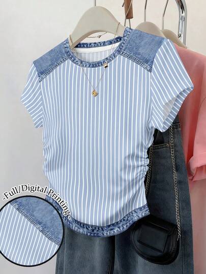 Resyla Women's Waist Cinched Multicolor Stripe Denim Patchwork Print Graphic Short Sleeve Tee Tops T-Shirt