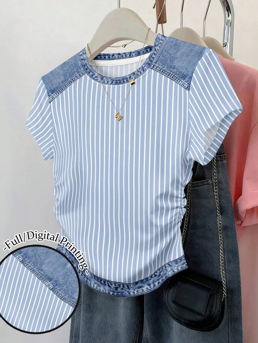 SHEIN 女款收腰多色條紋牛仔拼接印花短袖T恤上衣 - 彩色 - 查看 1