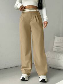 Calvaya Quần lưng cao có túi và thắt lưng màu khối trang trí quần thường ngày - Màu Khaki - Xem 7