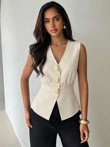 Aloruh 女士优雅纯色休闲商务单排扣深V领薄款背心 - 卡其色 - 查看 4