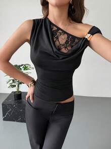 Aloruh Áo thun nữ mùa hè màu đen trơn, cổ tròn, ren, dáng ôm, kiểu dáng thanh lịch. - màu đen - Xem 6