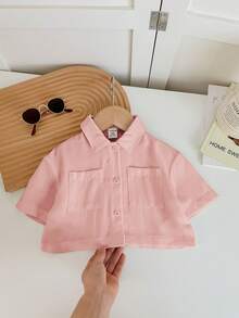 SHEIN LMoss Kids 女婴可爱白色短袖衬衫，夏季百搭 - 粉色 - 查看 5