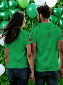 Manfinity Homme Plus Size Men's St. Patrick's Day Romantic Graphic T-Shirt, Couple Tee, Green Clover Design, Suitable For Party, Unisex - Multicolor - View 2