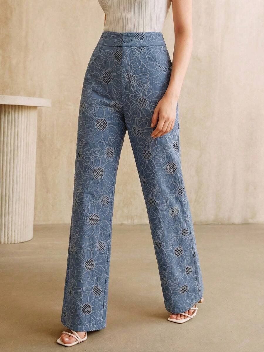 Anewsta 优雅复古蓝色花卉刺绣弹力腰直筒裤，适合度假和正式场合穿着。 - 藍色 - 查看 1