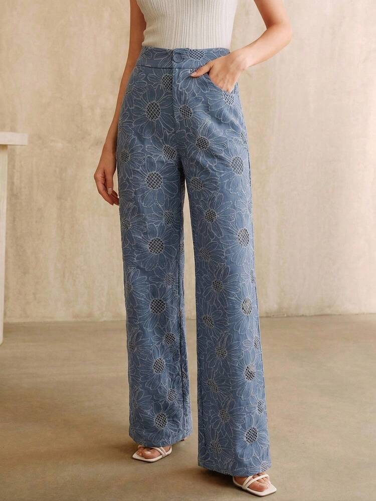 Elegant Vintage Blue Floral Embroidered Elastic Waist Straight Leg Pants, Suitable For Vacation And Formal Occasions