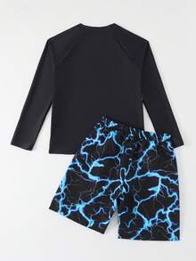 青少年男童泳装，印花长袖针织背心式泳衣搭配泳裤，时尚休闲又不失精致，适合游泳、海滩、泳池、夏季假期等场合。 - 黑色 - 查看 2