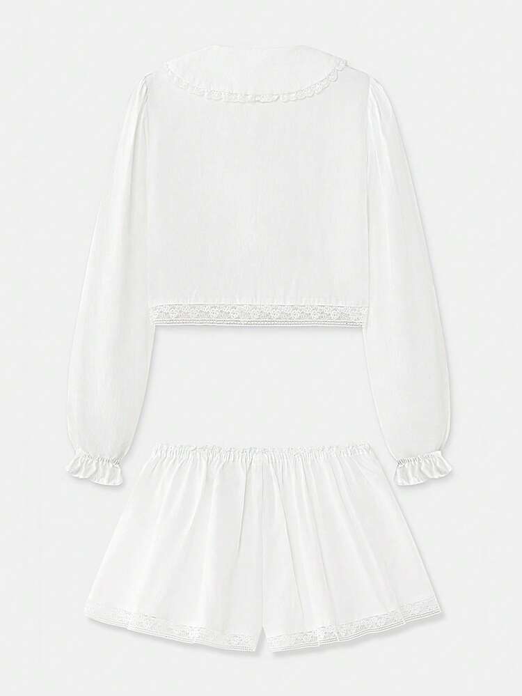 White Lace-Trim Sleepwear Blouse And Shorts Set With Romantic Vintage-Inspired Silhouette Spring Summer Two Piece Loungewear Cozy Homewear