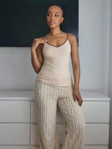 Yess Loren 女式秋冬罗纹饰边休闲保暖内衬吊带背心 - 杏色 - 查看 1