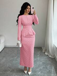 Rafferiza Conjunto de 2 piezas de blusa elegante con botones de perla + falda con dobladillo dividido para mujer - Rosa - Ver 4