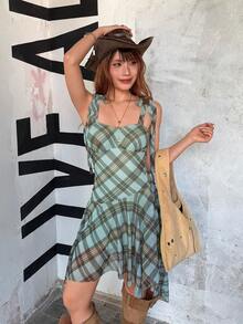 Rina Fox Vestido Assimétrico Xadrez Sexy e Divertido com Decote Nas Costas para Mulheres - Verde - Visão 2
