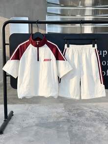 SHEIN Conjunto de Camisa de Manga Raglan com Estampa de Letra e Shorts Folgados para Meninos Pré-Adolescentes - Damasco - Visão 7