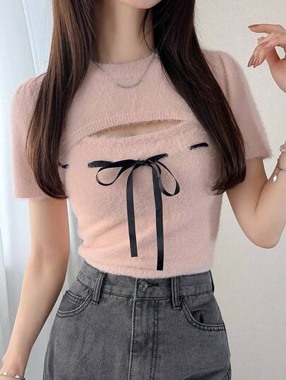 FRIFUL Women's Hollow Out Front Tie Short Sleeve Knit Top