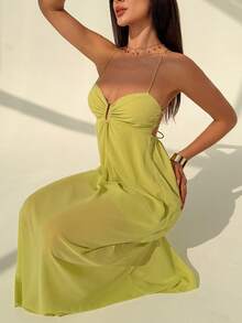 Aloruh 女士性感纯色露背吊带连衣裙，夏季 - 綠色 - 查看 5