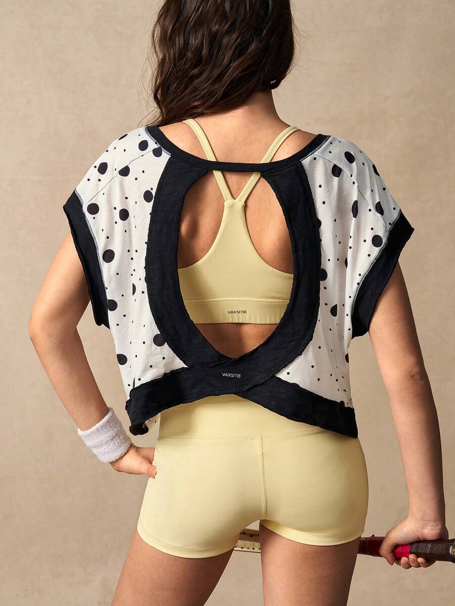 VARSIVA 女士波点印花露背宽松运动T恤 - 黑與白 - 查看 1