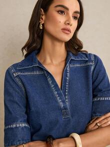 Poéselle Women's Casual Loose Denim Shirt Dress With Turndown Collar, Short Sleeve - Dark Wash - View 4