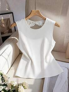 Franclia Women's Elegant White Camisole, Contrast Lace Back, Hollow Tie Design, Suitable For Commuting, Vacation And Outings - White - View 2