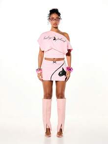 BABYPHAT Áo trễ vai dáng rộng in hình mèo với logo chữ viết tay, thích hợp cho ngày Valentine. - Hồng - Xem 3