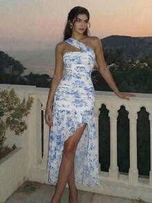 SHEIN MOD Women's Elegant Floral Print Dress, Sleeveless, Summer - Blue and White - View 2