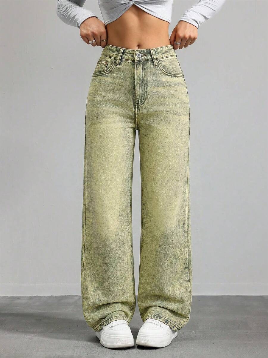 SHEIN ICON Quần jean denim nữ tối giản, bạc màu, thích hợp mặc hàng ngày. - màu xanh lá - Xem 1