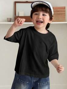 Hapijoa 男童休闲日常通勤简约纯色落肩宽松黑色T恤，夏季 - 黑色 - 查看 3