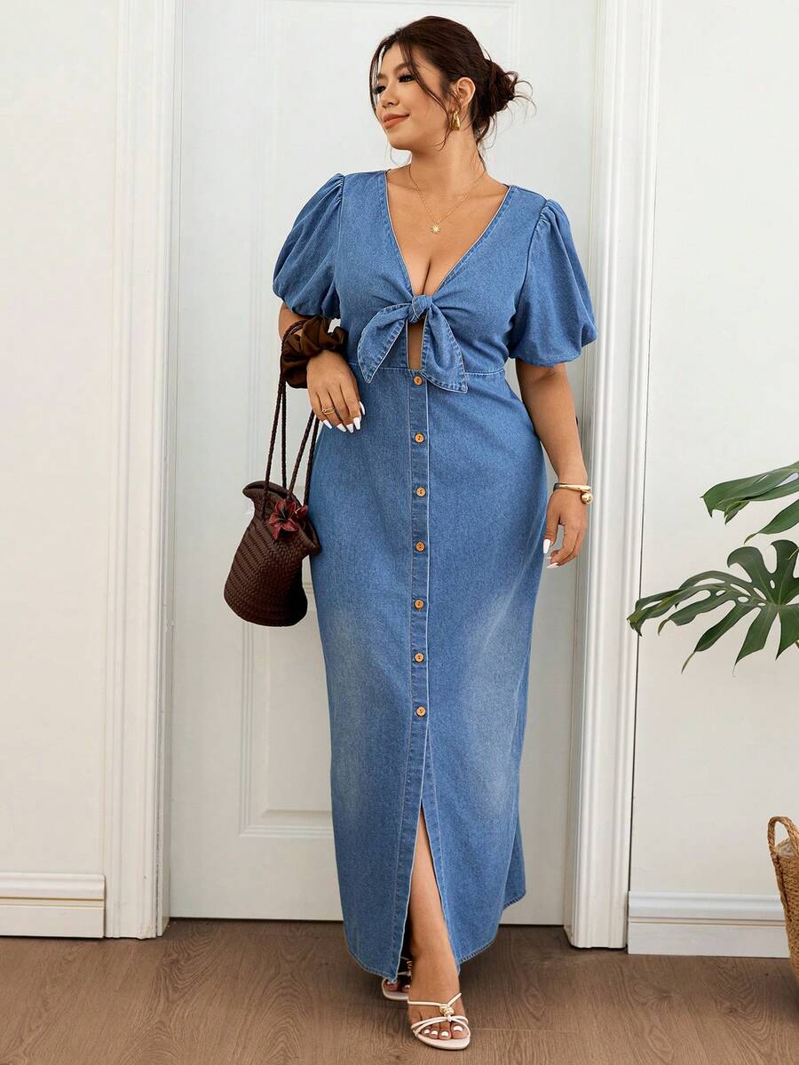 Lounesse 大码女式深V领系带牛仔中长连衣裙，时尚约会装扮；大码女式牛仔长裙——系带泡泡袖纽扣夏季休闲装；大码女式牛仔长裙——系带Y2K复古风；优雅女式牛仔长裙——系带泡泡袖开衩下摆度假风；大码女式浅色水洗牛仔长裙