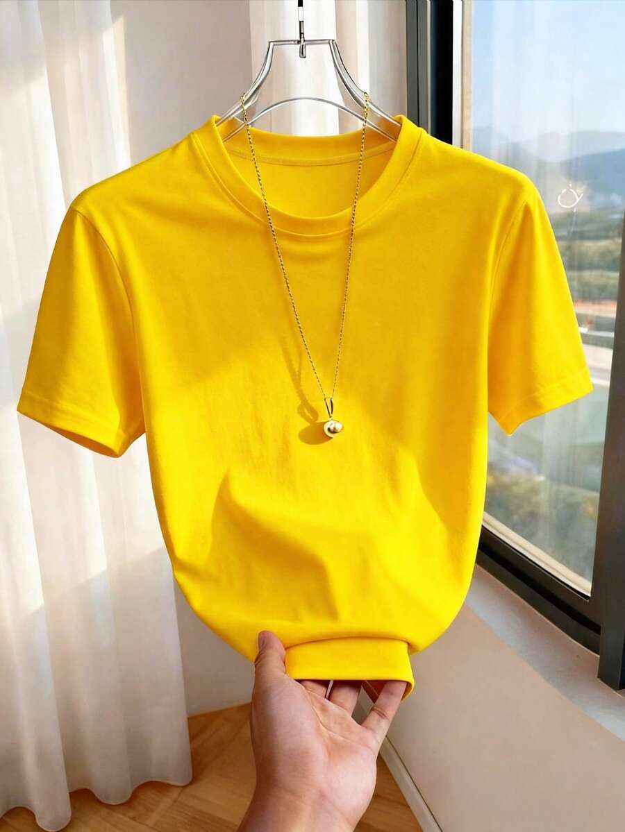 Resyla T-shirt à manches courtes col rond minimaliste de couleur unie pour un port quotidien pour femmes - Jaune citron - Voir 1