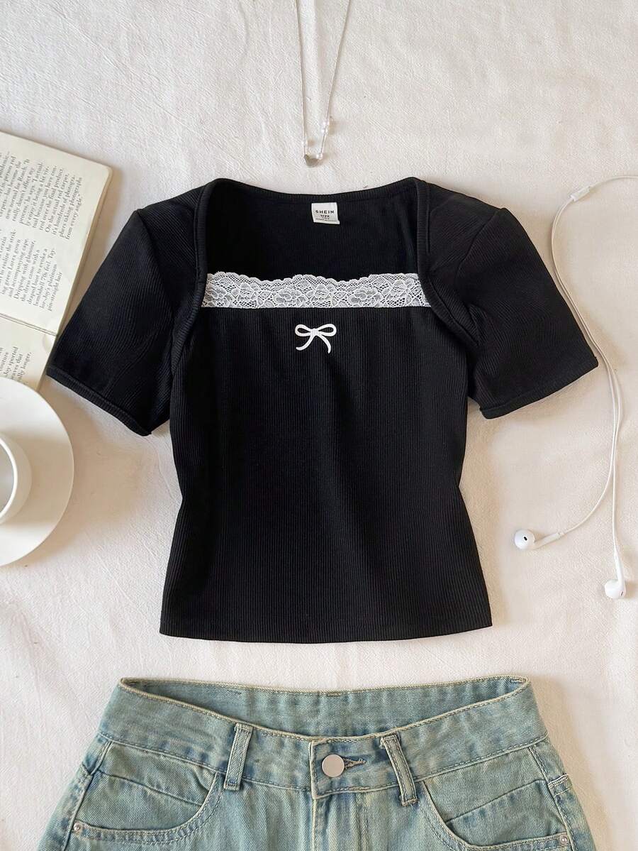 Tween Girl Black Collar Splice White Lace Trim Fitted Top T-Shirt, Y2K Style, Workout Tops,, Lace Trim Tshirt ,Fitted Tops, Cute Top, Cute Tops For Girls, - Black - View 1
