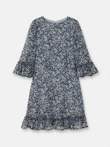 lacRébo 蓝色抽象印花雪纺迷你连衣裙，收腰设计，荷叶边袖口和飘逸下摆，可爱春夏连衣裙，法式巴黎风情。 - 彩色 - 查看 7