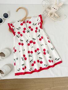 SHEIN Baby Girls Cute Cherry Print Cap Sleeve Dress - Apricot - View 2