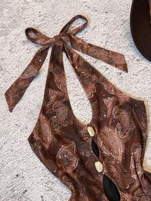 TRNVIE 女士V领镂空蕾丝连体裤，适合音乐节和度假，春夏款 - 棕色 - 查看 5