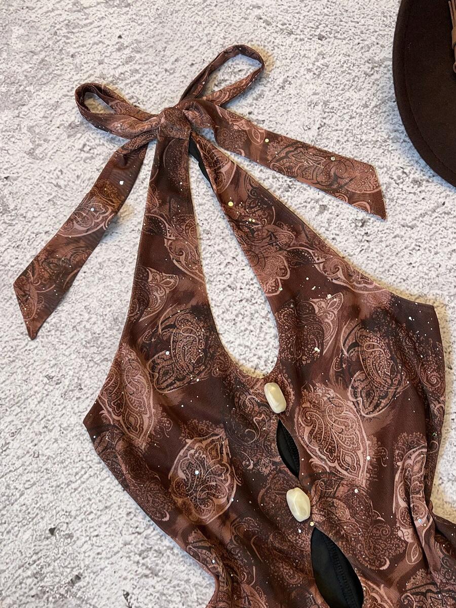 TRNVIE 女士V领镂空蕾丝连体裤，适合音乐节和度假，春夏款 - 棕色 - 查看 1