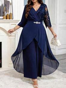 Reflora 大码女式拼接刺绣网纱V领七分袖阔腿优雅连体裤 - 藏蓝色 - 查看 3