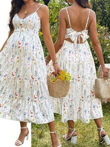 SHEIN Vestido de tirantes casual con estampado floral y volantes para maternidad - Albaricoque - Ver 1