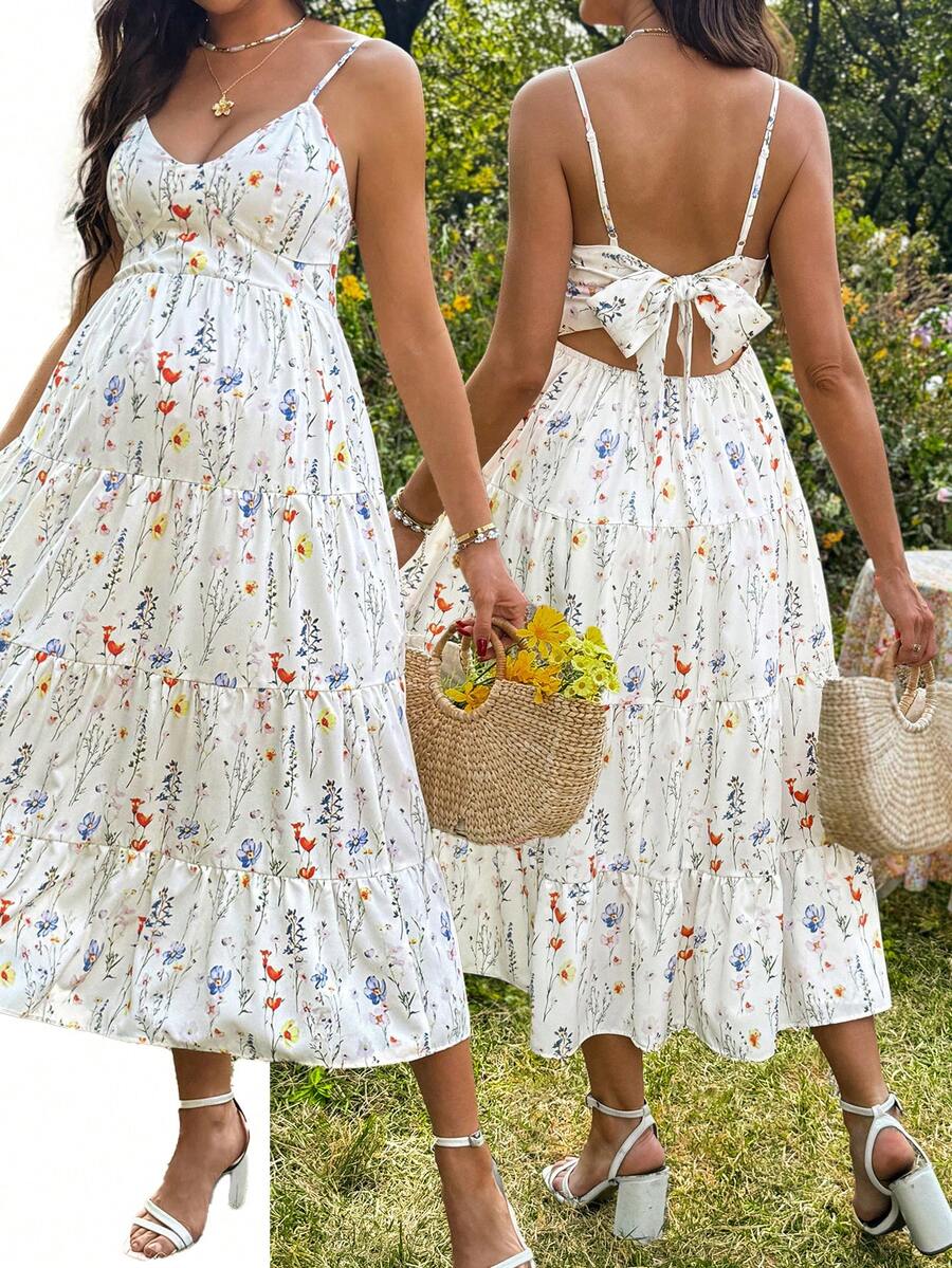 SHEIN Vestido de tirantes casual con estampado floral y volantes para maternidad - Albaricoque - Ver 1