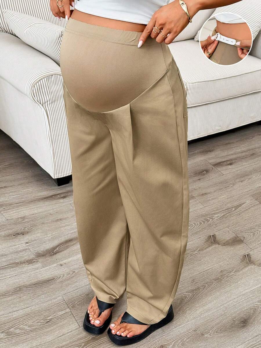 SHEIN 孕妇休闲百搭通勤哈伦裤 - 卡其色 - 查看 1
