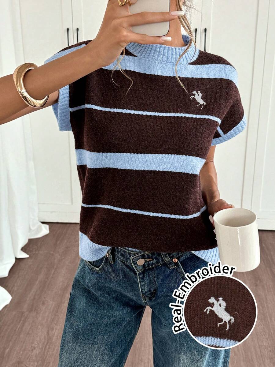 Siren Gaze Áo dệt kim mỏng nhẹ dành cho nữ, kiểu dáng giản dị, tối giản, phối màu tím và xanh sọc, họa tiết đồng xu cổ và ngựa trắng thêu, thích hợp cho đầu xuân. - Nhiều màu - Xem 1