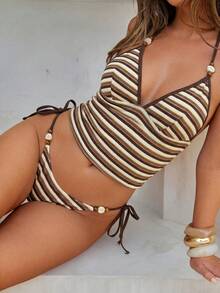 Swim Mod 春夏沙滩休闲条纹针织V领挂脖系带比基尼两件套泳衣 - 彩色 - 查看 1