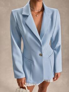 EURMUSE Women Gold Button Detailed Regular Fit Blazers - Baby Blue - View 2