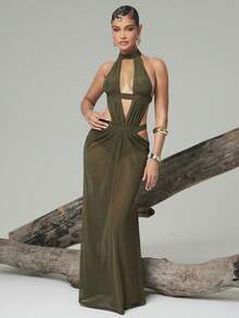 Hauture 露背镂空网纱吊带长裙 - 軍綠色 - 查看 5